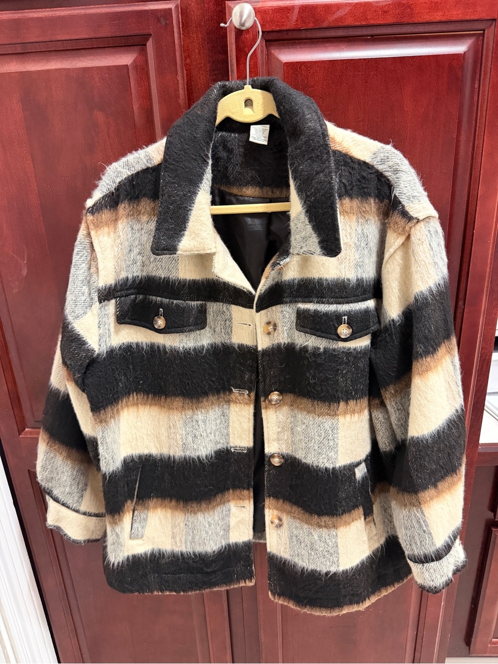 NWOT Woolly Plaid Shacket Coat | Black Beige Gray | XL | Cozy Overshirt Jacket